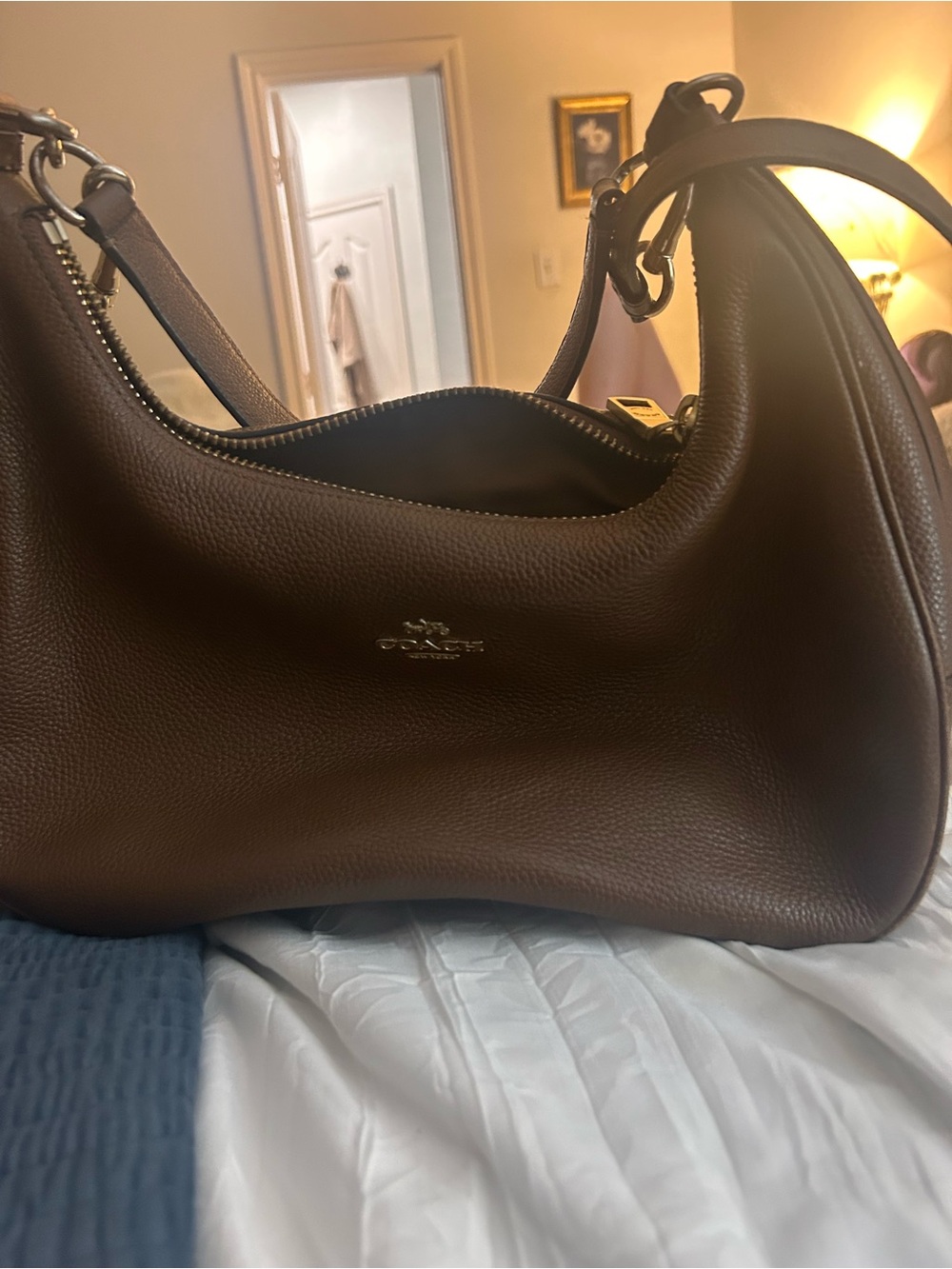 Brown Leather Shoulder Bag with Gold Hardware